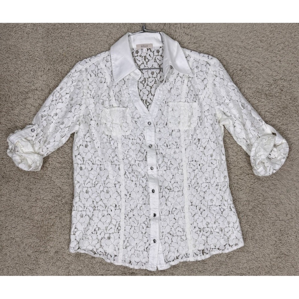 Halo White Floral Lace Button Up Blouse Roll Tab Sleeves Sheer Womens M Coquette